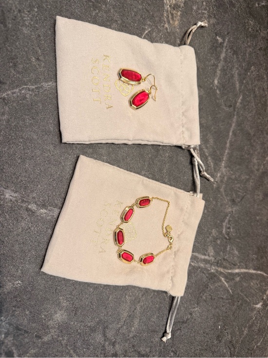 Kendra Scott Accessories - Kendra Scott Gold-Tone Bracelet and Dangle Earrings with Red Stones